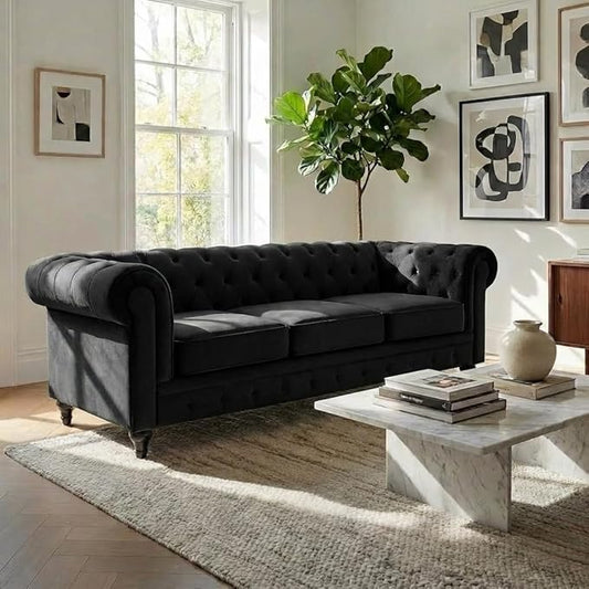 Velvet Chesterfield Sofa | 3 Seater Settee | Soft Plush Fabric | Foam Seat Cushions | Scroll Arms | Button Studded Back | Living Room Bedroom Conservatory | 205x90x78cm