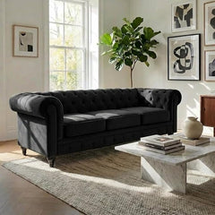 Velvet Chesterfield Sofa | 3 Seater Settee | Soft Plush Fabric | Foam Seat Cushions | Scroll Arms | Button Studded Back | Living Room Bedroom Conservatory | 205x90x78cm