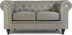 Chesterfield Sofa | 2 Seater Settee | Faux Bonded Leather | Foam Seat Cushions | Scroll Arms | Button Studded Back | Living Room Bedroom Conservatory | 160x90x78cm