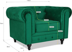 Velvet Chesterfield Armchair | Single Seater | Soft Plush Fabric | Foam Cushion | Scroll Arms | Button Back | Living Room Bedroom  | 110x90x78cm