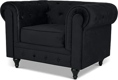 Velvet Chesterfield Armchair | Single Seater | Soft Plush Fabric | Foam Cushion | Scroll Arms | Button Back | Living Room Bedroom  | 110x90x78cm