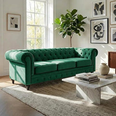 Velvet Chesterfield Sofa | 3 Seater Settee | Soft Plush Fabric | Foam Seat Cushions | Scroll Arms | Button Studded Back | Living Room Bedroom Conservatory | 205x90x78cm