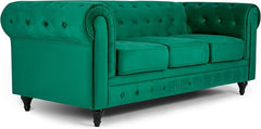 Velvet Chesterfield Sofa | 3 Seater Settee | Soft Plush Fabric | Foam Seat Cushions | Scroll Arms | Button Studded Back | Living Room Bedroom Conservatory | 205x90x78cm