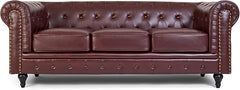 Chesterfield Sofa | 3 Seater Settee | Faux Bonded Leather | Foam Seat Cushions | Scroll Arms | Button Studded Back | Living Room Bedroom Conservatory | 205x90x78cm