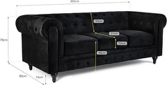 Velvet Chesterfield Sofa | 3 Seater Settee | Soft Plush Fabric | Foam Seat Cushions | Scroll Arms | Button Studded Back | Living Room Bedroom Conservatory | 205x90x78cm
