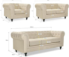 Velvet Chesterfield Sofa Suite | Armchair 2 & 3 Seater Sofa Set | Soft Plush Fabric | Foam Seat Cushions | Scroll Arms | Button Studded Back | Living Room |