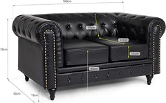 Chesterfield Sofa | 2 Seater Settee | Faux Bonded Leather | Foam Seat Cushions | Scroll Arms | Button Studded Back | Living Room Bedroom Conservatory | 160x90x78cm