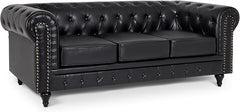 Chesterfield Sofa | 3 Seater Settee | Faux Bonded Leather | Foam Seat Cushions | Scroll Arms | Button Studded Back | Living Room Bedroom Conservatory | 205x90x78cm