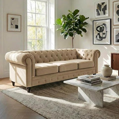 Velvet Chesterfield Sofa | 3 Seater Settee | Soft Plush Fabric | Foam Seat Cushions | Scroll Arms | Button Studded Back | Living Room Bedroom Conservatory | 205x90x78cm