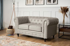 Chesterfield Sofa | 2 Seater Settee | Faux Bonded Leather | Foam Seat Cushions | Scroll Arms | Button Studded Back | Living Room Bedroom Conservatory | 160x90x78cm