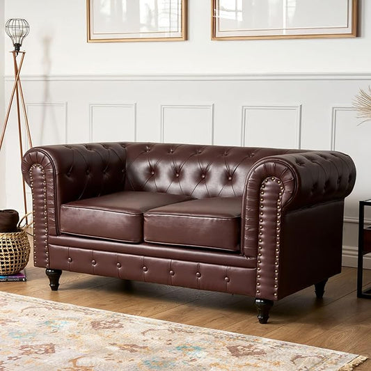 Chesterfield Sofa | 2 Seater Settee | Faux Bonded Leather | Foam Seat Cushions | Scroll Arms | Button Studded Back | Living Room Bedroom Conservatory | 160x90x78cm