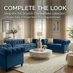 Velvet Chesterfield Sofa | 3 Seater Settee | Soft Plush Fabric | Foam Seat Cushions | Scroll Arms | Button Studded Back | Living Room Bedroom Conservatory | 205x90x78cm