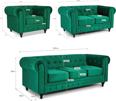 Velvet Chesterfield Sofa Suite | Armchair 2 & 3 Seater Sofa Set | Soft Plush Fabric | Foam Seat Cushions | Scroll Arms | Button Studded Back | Living Room |