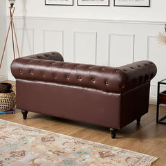 Chesterfield Sofa | 2 Seater Settee | Faux Bonded Leather | Foam Seat Cushions | Scroll Arms | Button Studded Back | Living Room Bedroom Conservatory | 160x90x78cm