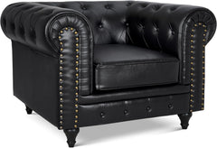 Chesterfield Armchair | Single Seater Accent Chair | Faux Bonded Leather | Foam Seat Cushion | Scroll Arms | Button Studded Back | Living Room Bedroom Conservatory |