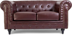 Chesterfield Sofa | 2 Seater Settee | Faux Bonded Leather | Foam Seat Cushions | Scroll Arms | Button Studded Back | Living Room Bedroom Conservatory | 160x90x78cm
