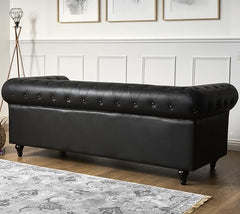 Chesterfield Sofa | 3 Seater Settee | Faux Bonded Leather | Foam Seat Cushions | Scroll Arms | Button Studded Back | Living Room Bedroom Conservatory | 205x90x78cm