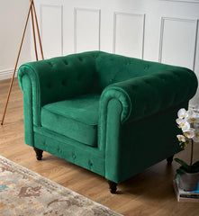 Velvet Chesterfield Armchair | Single Seater | Soft Plush Fabric | Foam Cushion | Scroll Arms | Button Back | Living Room Bedroom  | 110x90x78cm