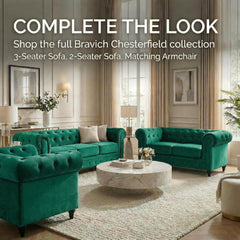Velvet Chesterfield Sofa | 3 Seater Settee | Soft Plush Fabric | Foam Seat Cushions | Scroll Arms | Button Studded Back | Living Room Bedroom Conservatory | 205x90x78cm