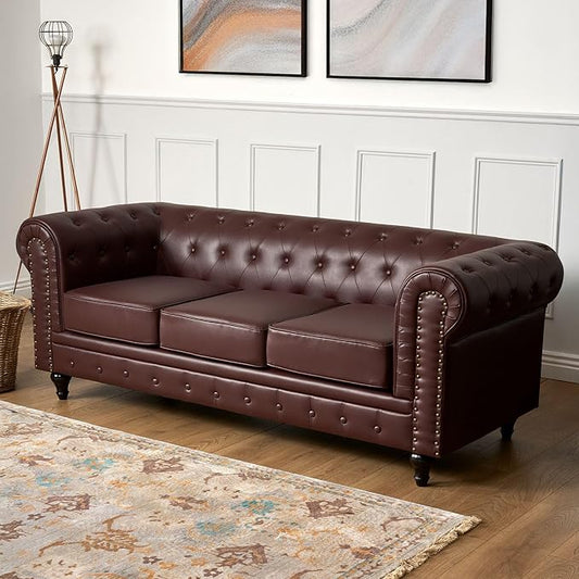 Chesterfield Sofa | 3 Seater Settee | Faux Bonded Leather | Foam Seat Cushions | Scroll Arms | Button Studded Back | Living Room Bedroom Conservatory | 205x90x78cm