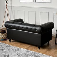 Chesterfield Sofa | 2 Seater Settee | Faux Bonded Leather | Foam Seat Cushions | Scroll Arms | Button Studded Back | Living Room Bedroom Conservatory | 160x90x78cm
