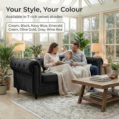 Velvet Chesterfield Sofa | 3 Seater Settee | Soft Plush Fabric | Foam Seat Cushions | Scroll Arms | Button Studded Back | Living Room Bedroom Conservatory | 205x90x78cm
