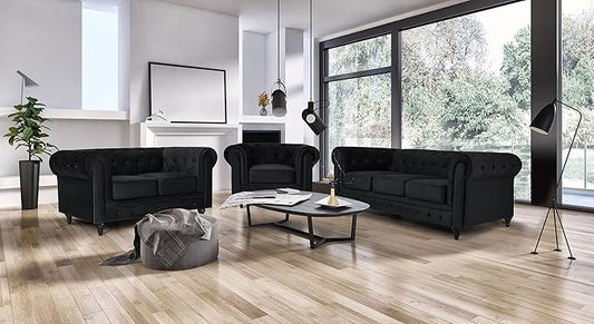 Velvet Chesterfield Sofa Suite | Armchair 2 & 3 Seater Sofa Set | Soft Plush Fabric | Foam Seat Cushions | Scroll Arms | Button Studded Back | Living Room |