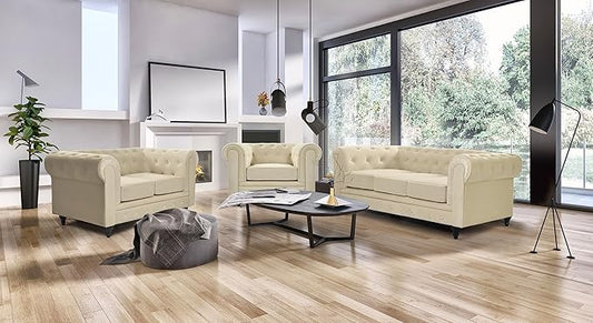 Velvet Chesterfield Sofa Suite | Armchair 2 & 3 Seater Sofa Set | Soft Plush Fabric | Foam Seat Cushions | Scroll Arms | Button Studded Back | Living Room |